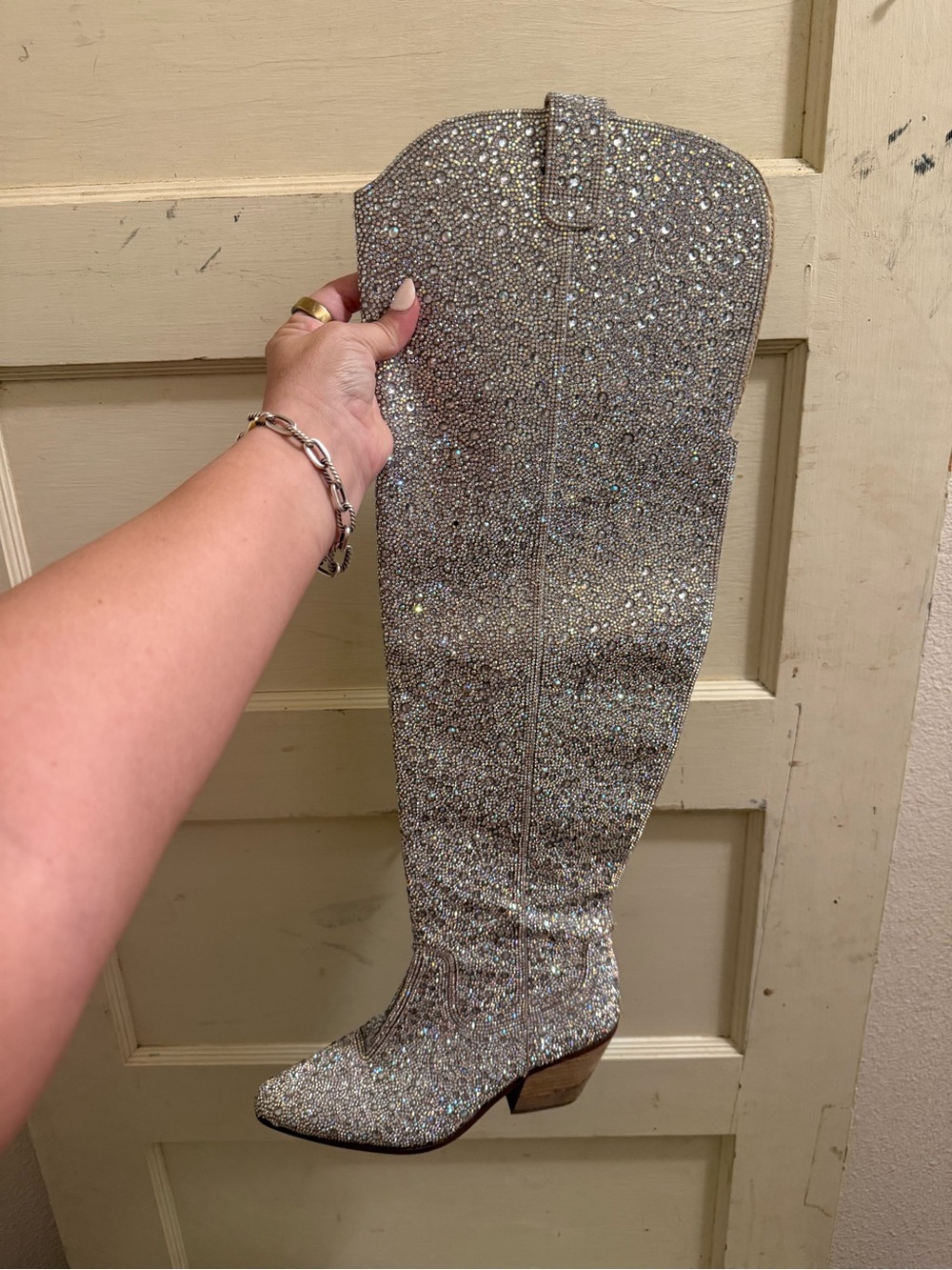 Rhinestone Cowboy Boots Women’s 7.5 Silver Crystal Knee High Western Boots